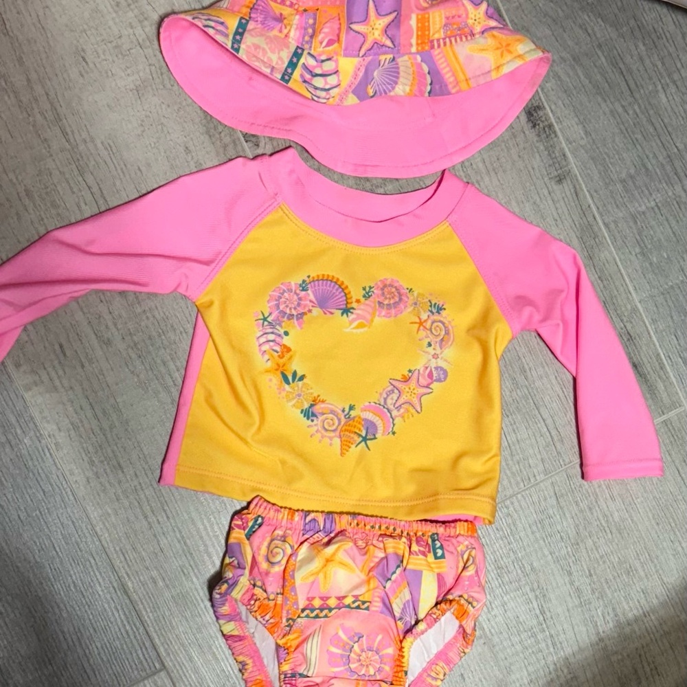 George Pink and Yellow Rashguard Swim Set Sporty Stretchy Design